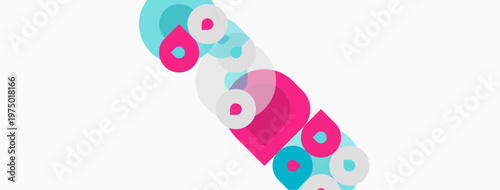 Abstract shapes, pink, teal, gray. Circles overlap, creating dynamic composition. Minimalist design, clean background.
