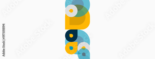 Abstract geometric shapes overlap, creating layered visual effect. Colors include yellow, blue, green, gray. Minimalist design on white background.