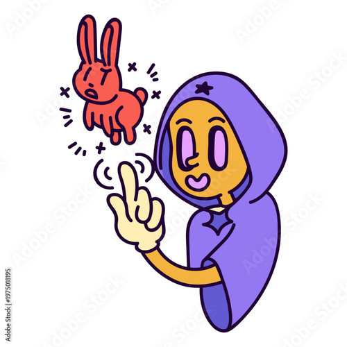 Magician enchanting a rabbit in retro cartoon style
