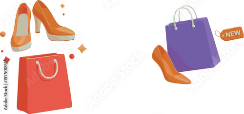 Women High Heel Shoes and Shopping Bags Illustration with New Arrival Tag, Fashion Retail Concept, Stylish Footwear and Consumer Purchase Design