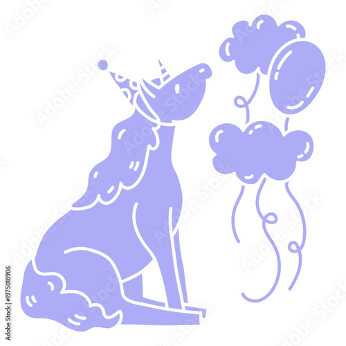 Unicorn celebrating its birthday with balloons