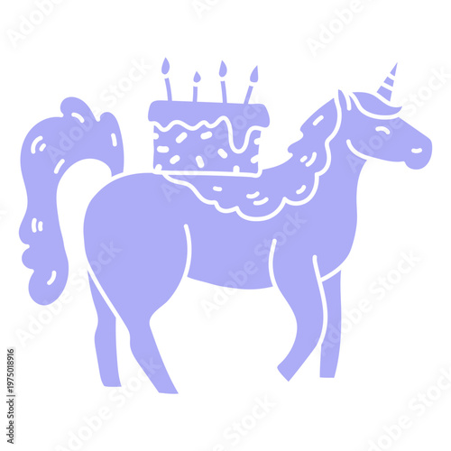 Unicorn with a birthday cake atop its back