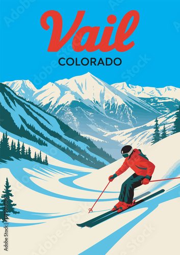Vail Ski Resort Colorado travel poster, vintage vector illustration, mountain landscape, winter sports destination, alpine scenery, snowy peaks, tourism design