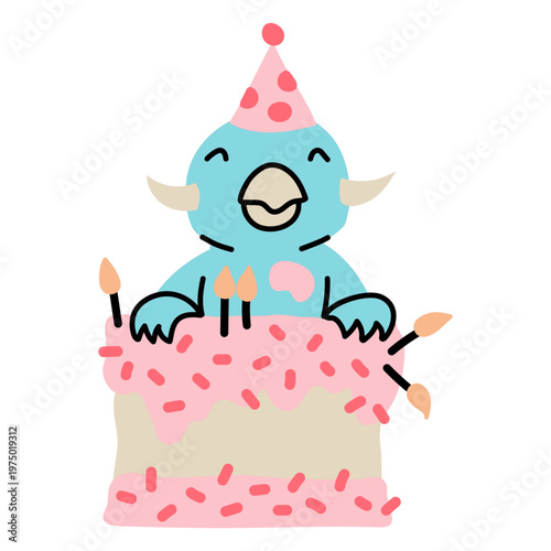 Dinosaur with a cake celebrating its birthday