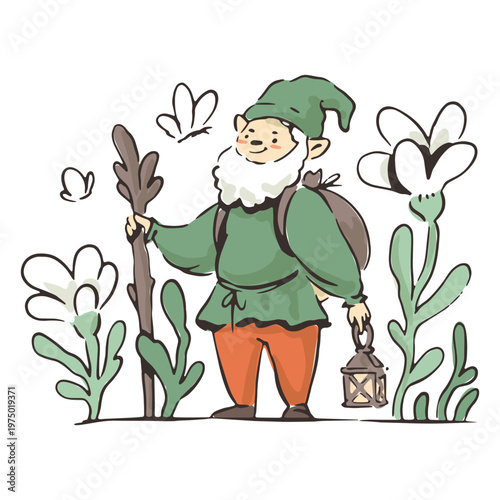 Gnome walking by the forest