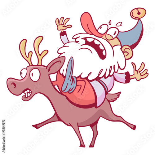 Afraid gnome atop a reindeer