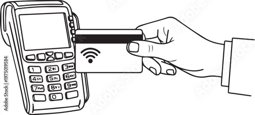 Hand holding credit card near wireless payment terminal
