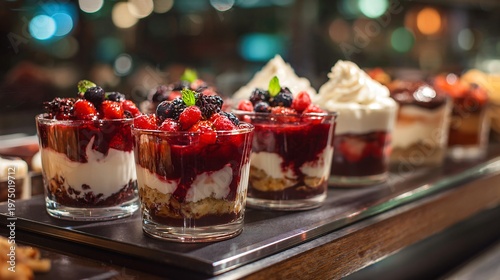 A modern cafe dessert counter showcasing layered trifles in glass cups