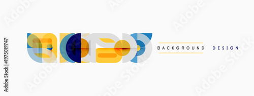 Abstract geometric shapes overlap, creating vibrant design. Colors include blue, yellow, orange. Minimalist style, clean background.