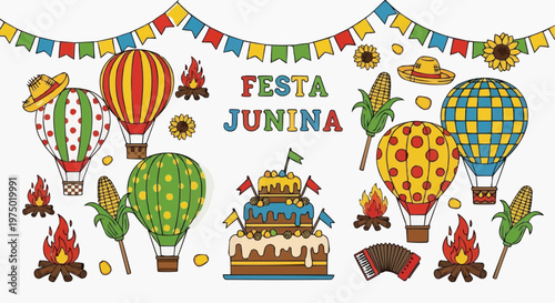 Cute São João vector, bonfire, lanterns, children dancing, festive decorations, white background