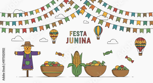 Cute Festa Junina vector, candy, cakes, balloons, festive flags, flat style, white background