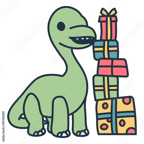 Birthday kawaii dinosaur near to a gifts pile