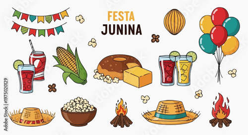 Traditional São João vector, bonfire, dancing couples, plaid shirts, isolated on white background