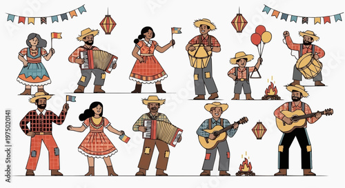 Vector artwork of São João party, colorful flags, musical instruments, fireworks, white background