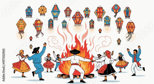 Colorful vector of São João celebration, bonfire, tents, and confetti on white background