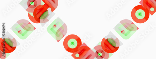 Abstract design features repeating colorful blocks. Red, green, orange hues dominate white background. Geometric shapes create visual rhythm.