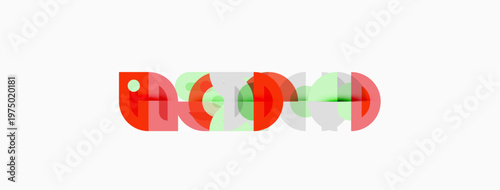 Abstract graphic design features overlapping colorful shapes. Red, green, pink hues create dynamic visual effect. Minimalist composition.