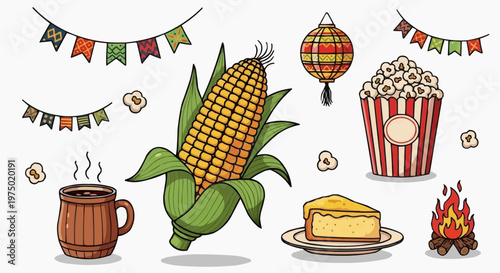 Festa Junina party vector, cartoon style, straw hats, fireworks, and music instruments on white background