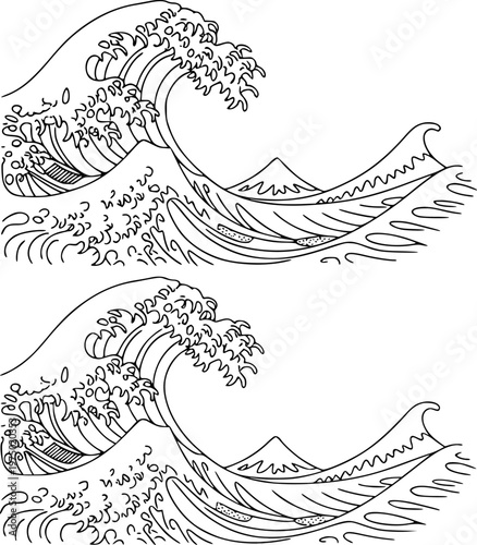 Japanese Wave Style Line With Mount Fuji Silhouette ocean water