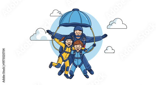 Family Tandem Skydiving Adventure Joyful Descent Illustration