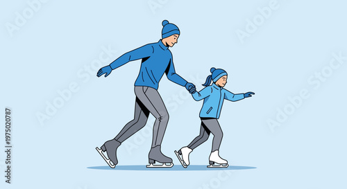 Father And Daughter Enjoy Ice Skating Together On A Cold Winter Day
