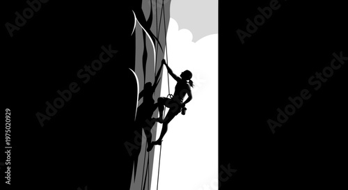 Female Rock Climber Ascending a Steep Cliff Face Silhouette Art