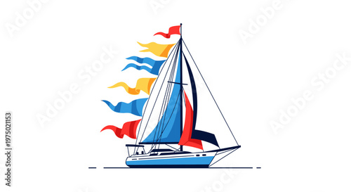 Festive Sailing Yacht With Colorful Streamers Flying In The Wind