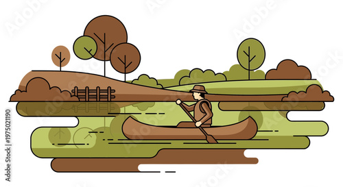 Flat Design Canoeist Navigates Serene River Amidst Autumnal Landscape