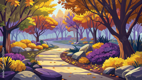 A serene autumn scene with a winding path through trees Vector