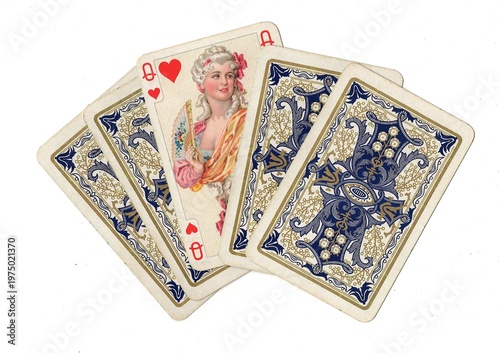 A hand of vintage playing cards with one card revealed on a white background.