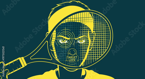Focused Tennis Player With Target Reticle Over Face and Racket