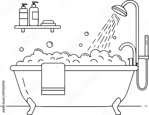 Black and white line drawing of a bathtub with bubbles and shower