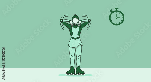 Figure Skating Warm Up Exercise Illustration With Stopwatch Timer On Green Background