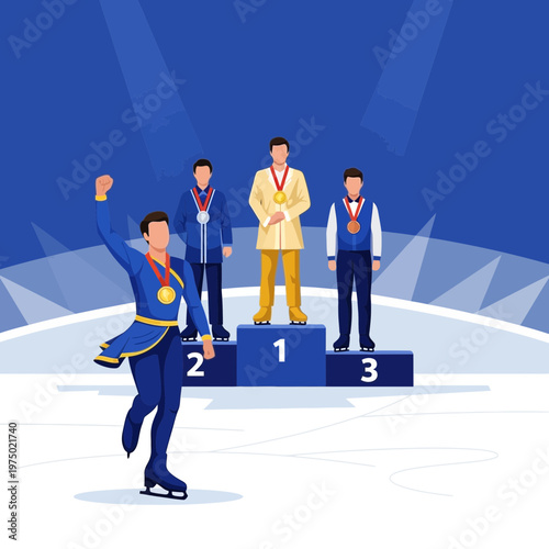 Figure Skating Victory Celebration On Podium With Medals Awarded