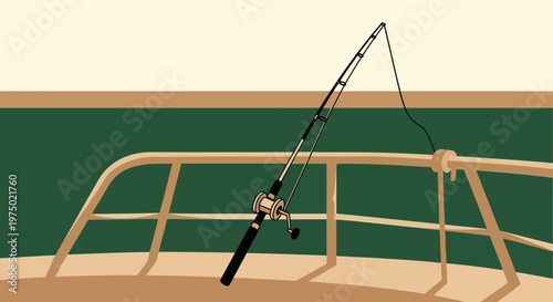 Fishing Rod Ready For A Catch On A Boat Deck With Calm Waters
