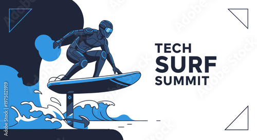 Futuristic Surfer Riding Hydrofoil Board At Tech Summit Event
