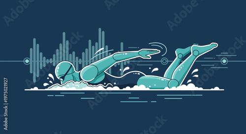 Futuristic Swimmer Synchronized With Digital Soundwaves Abstract Aquatic