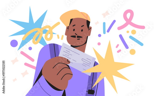 African American traveler with backpack holding bus ticket public transport journey concept