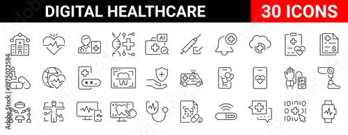 Digital healthcare outline icons. Linear icon collection. Editable stroke. Vector illustration