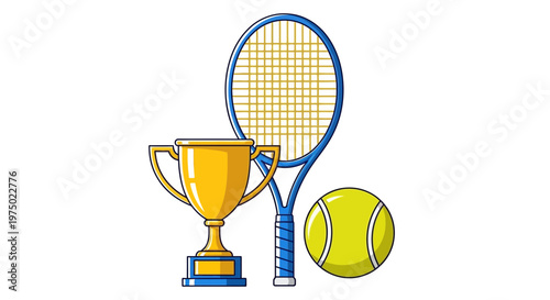 Golden Tennis Trophy With Racket And Ball Ready For Victory