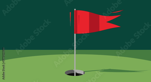 Golf Course Green With Red Flag And Hole Minimalist Style