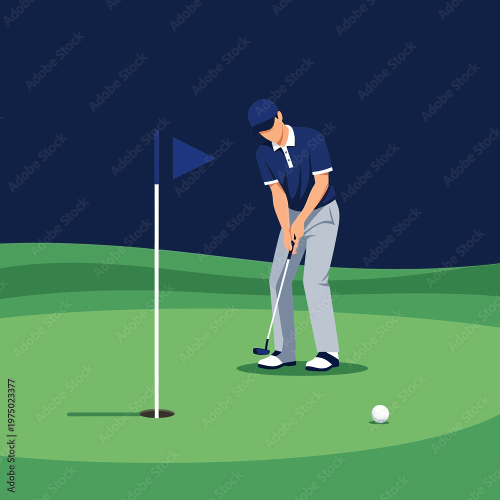 Obraz premium Golfer Concentrates on Winning Putt Under Evening Sky