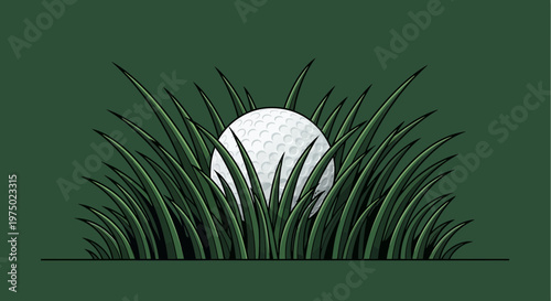 Golf Ball Hidden In Tall Green Grass Blades Minimalist Illustration