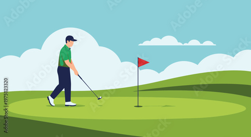 Golfer Concentrates on Putt on Lush Green Under Cloudy Sky