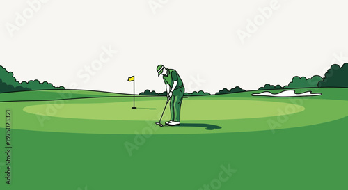 Golfer Concentrates On Putt On Lush Green Course With Bunker