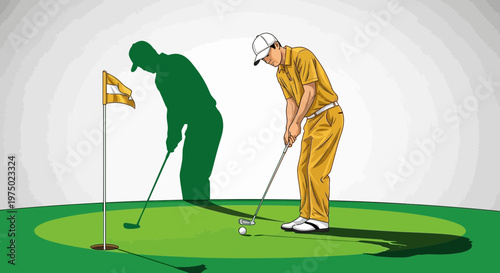 Golfer Concentrates on Putt While Bold Shadow Mimics His Every Move