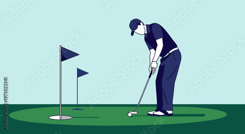 Golfer Concentrates on Putting On Green Flags Mark Approach