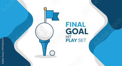 Golf Ball On Tee With Flag Celebrating Final Goal And Play