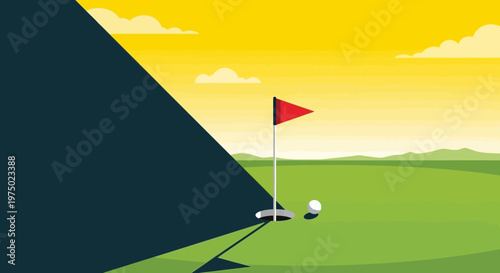 Golf Green With Red Flag And Ball Under Bright Yellow Sky