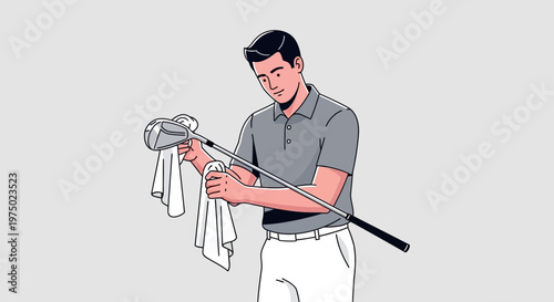 Golfer Meticulously Cleans His Club After A Round Of Golf